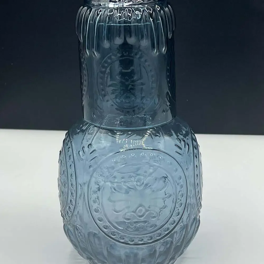 NWOT Art Glass Smokey Blue Embossed Pressed Design Tumble Up Set As Is